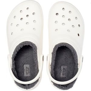 White with grey fur-lined crocs